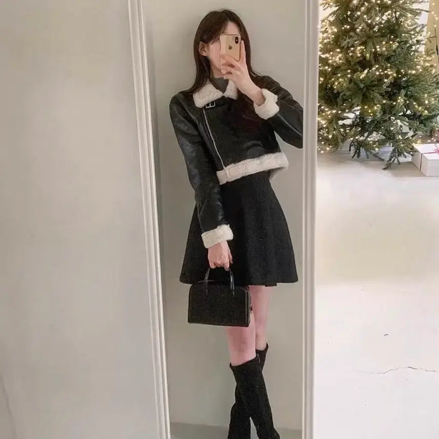 [BUNJANG] Cropped Faux Fur Shearling Jacket / 상태좋음)크롭퍼무스탕.퍼자켓.아우터.여자옷.데일리룩.겨울코디.크롭자켓