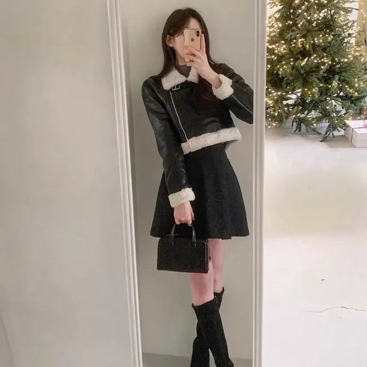 [BUNJANG] Cropped Faux Fur Shearling Jacket / 상태좋음)크롭퍼무스탕.퍼자켓.아우터.여자옷.데일리룩.겨울코디.크롭자켓