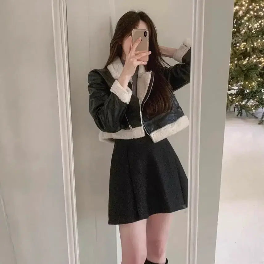 [BUNJANG] Cropped Faux Fur Shearling Jacket / 상태좋음)크롭퍼무스탕.퍼자켓.아우터.여자옷.데일리룩.겨울코디.크롭자켓