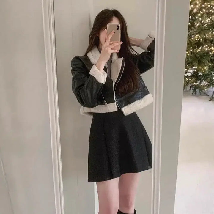 [BUNJANG] Cropped Faux Fur Shearling Jacket / 상태좋음)크롭퍼무스탕.퍼자켓.아우터.여자옷.데일리룩.겨울코디.크롭자켓