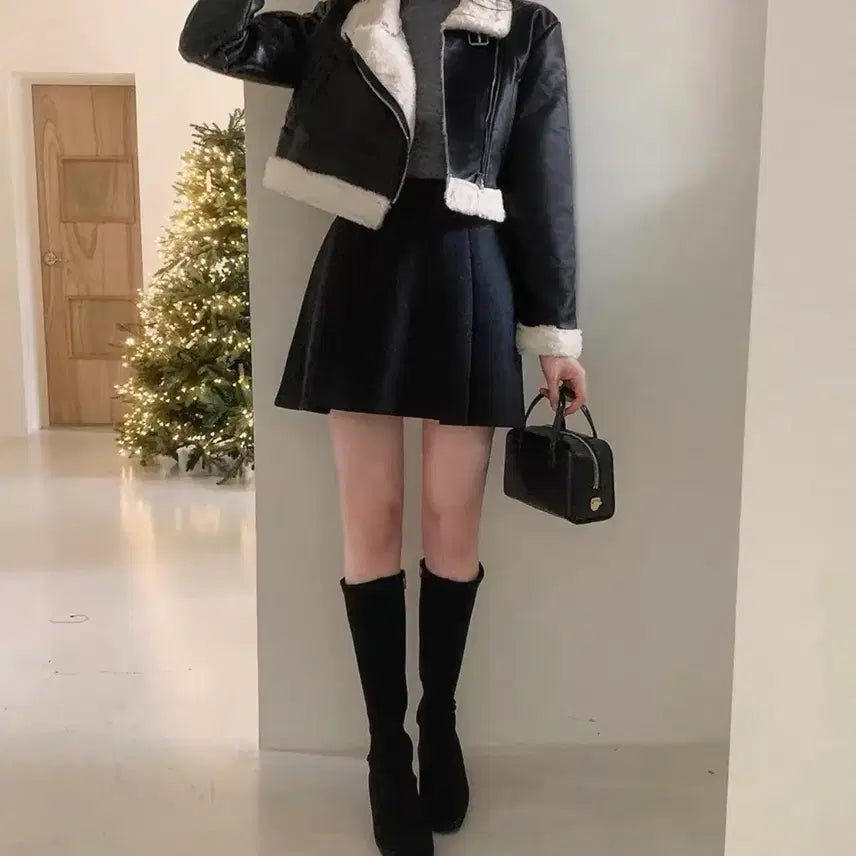 [BUNJANG] Cropped Faux Fur Shearling Jacket / 상태좋음)크롭퍼무스탕.퍼자켓.아우터.여자옷.데일리룩.겨울코디.크롭자켓