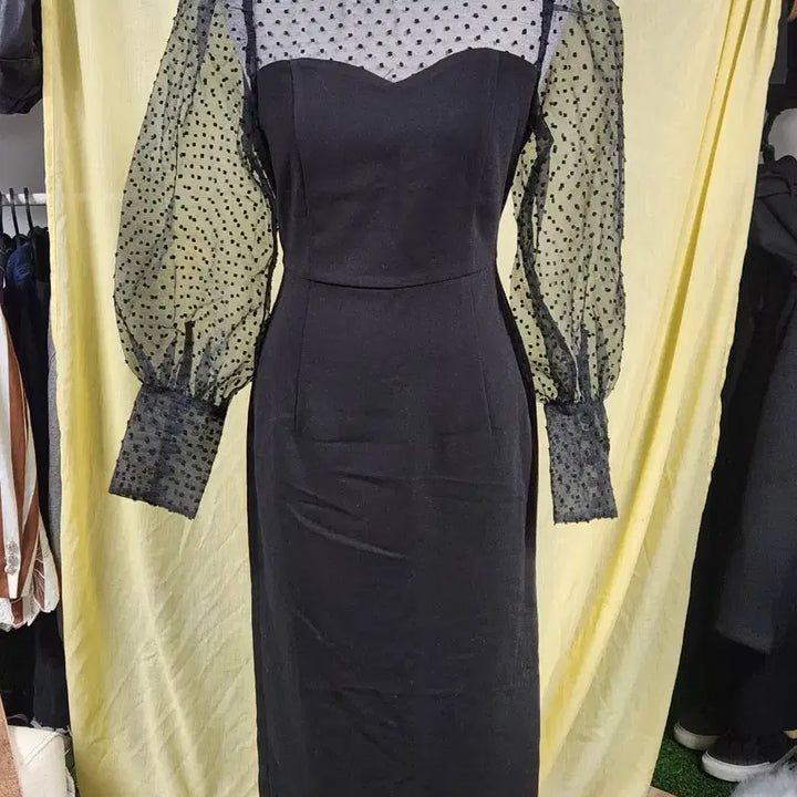 [BUNJANG] IMVELY Dot Puff Sleeve Black Dress / IMVELY 시스루 도트 퍼프 블랙 원피스 S 하객룩 슬림핏