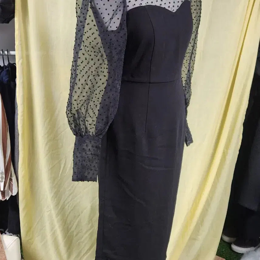 [BUNJANG] IMVELY Dot Puff Sleeve Black Dress / IMVELY 시스루 도트 퍼프 블랙 원피스 S 하객룩 슬림핏