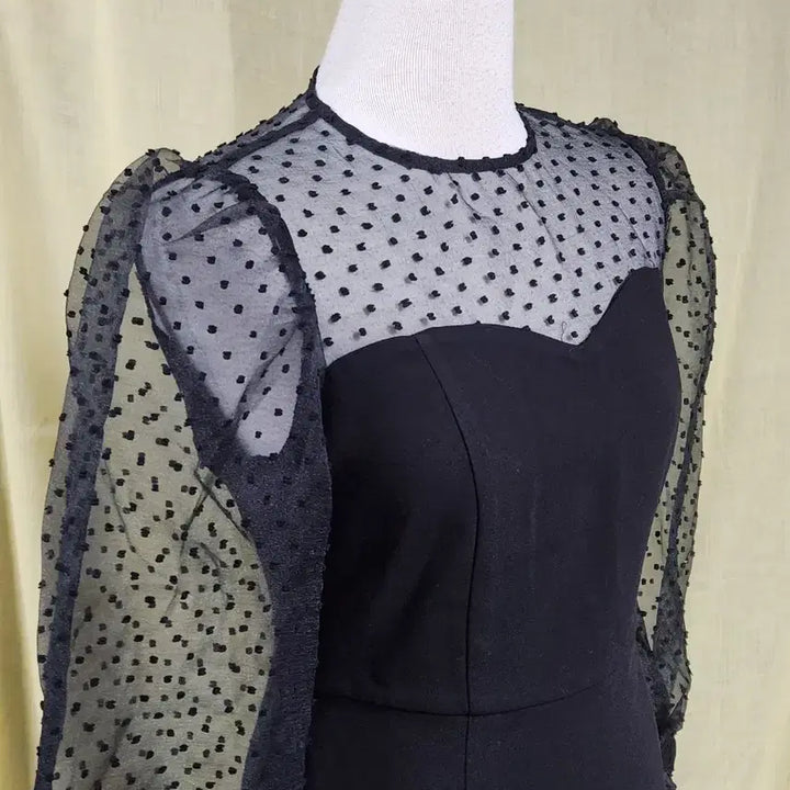 [BUNJANG] IMVELY Dot Puff Sleeve Black Dress / IMVELY 시스루 도트 퍼프 블랙 원피스 S 하객룩 슬림핏