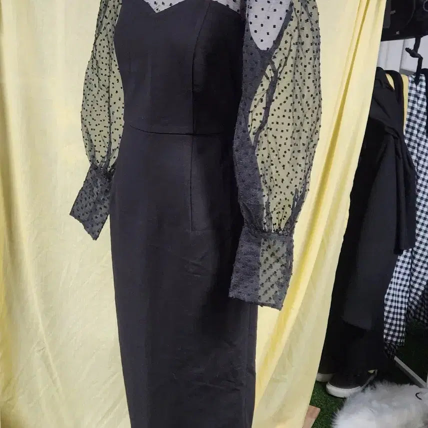 [BUNJANG] IMVELY Dot Puff Sleeve Black Dress / IMVELY 시스루 도트 퍼프 블랙 원피스 S 하객룩 슬림핏