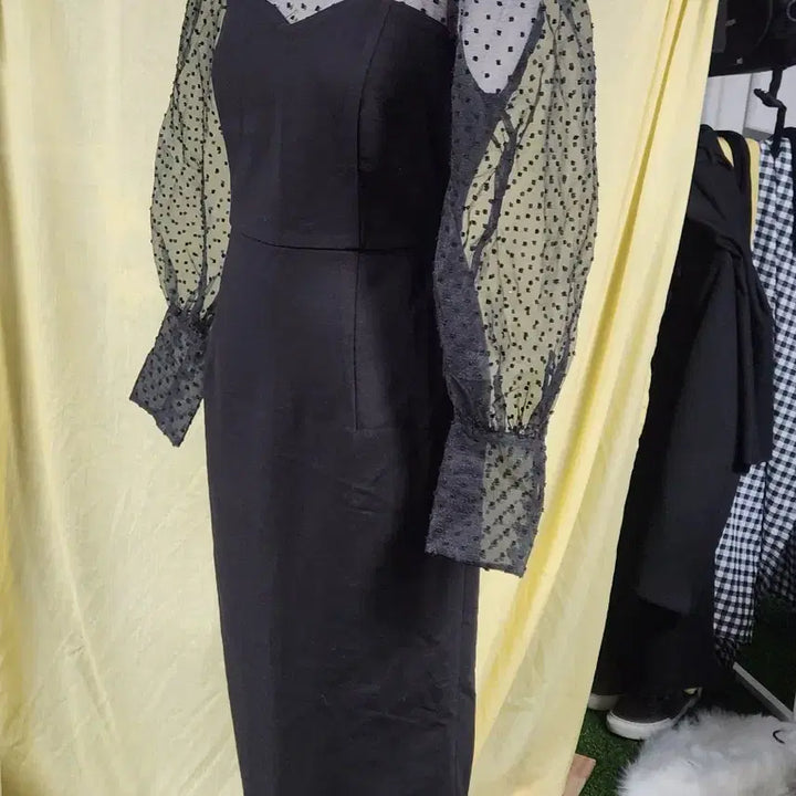[BUNJANG] IMVELY Dot Puff Sleeve Black Dress / IMVELY 시스루 도트 퍼프 블랙 원피스 S 하객룩 슬림핏