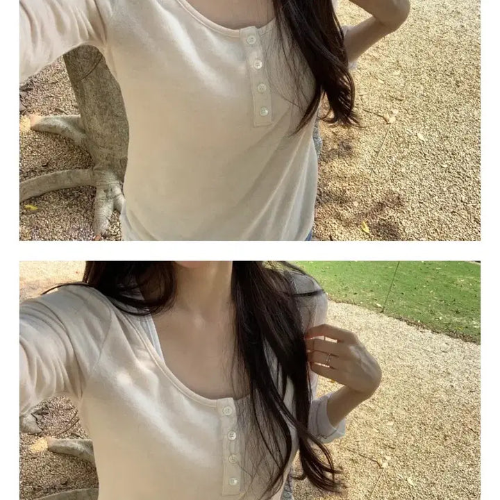 [BUNJANG] Usoep Sheer Button Layered T-shirt (Pink) / 유솝 시어 버튼 레이어드 티 (핑크)