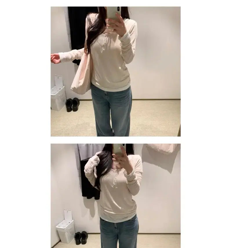 [BUNJANG] Usoep Sheer Button Layered T-shirt (Pink) / 유솝 시어 버튼 레이어드 티 (핑크)