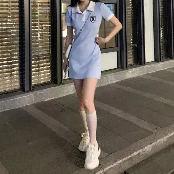 [BUNJANG] Color Block Collar Mini Dress - M / 배색 카라넥 미니원피스-M