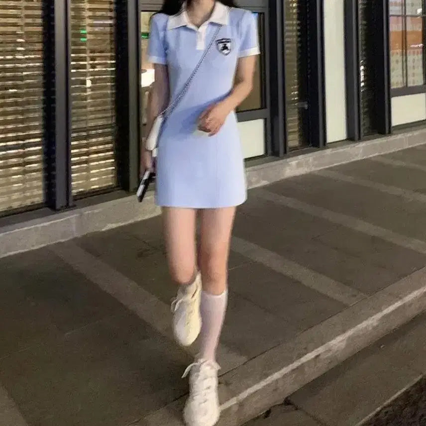 [BUNJANG] Color Block Collar Mini Dress - M / 배색 카라넥 미니원피스-M