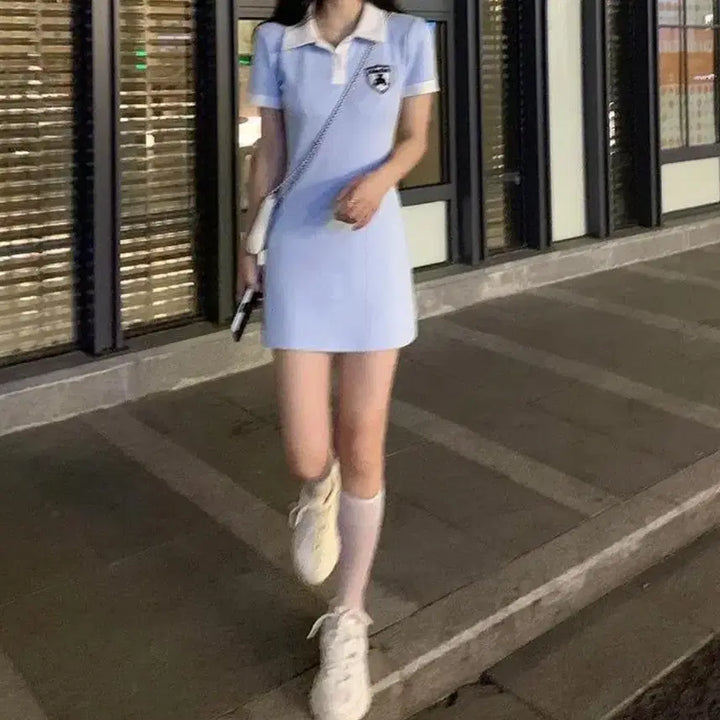 [BUNJANG] Color Block Collar Mini Dress - M / 배색 카라넥 미니원피스-M