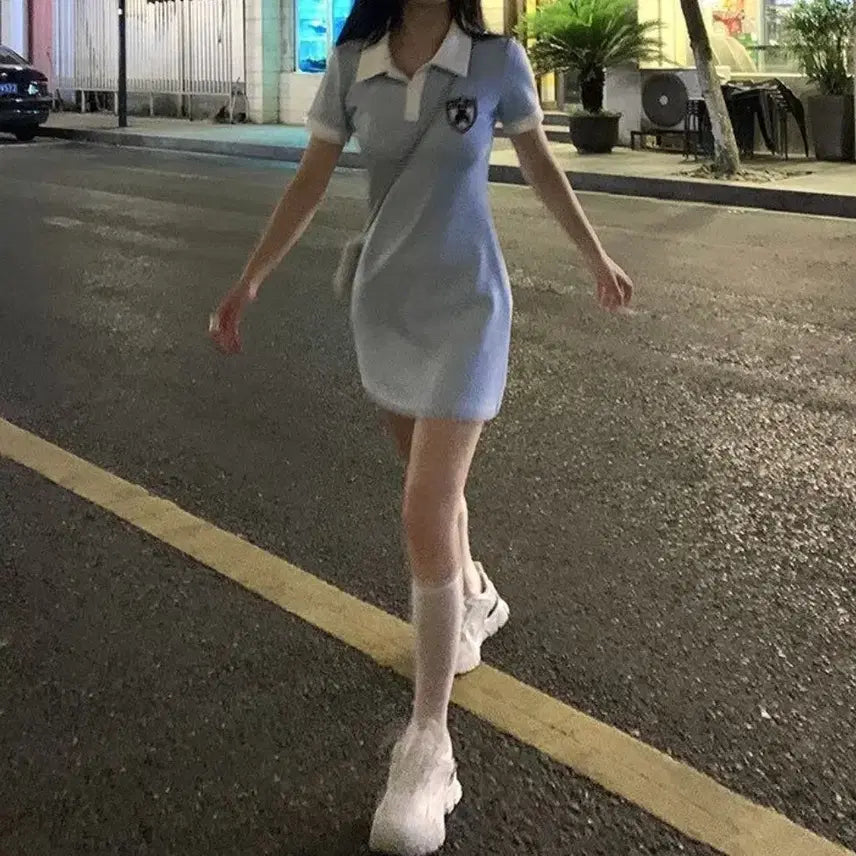 [BUNJANG] Color Block Collar Mini Dress - M / 배색 카라넥 미니원피스-M