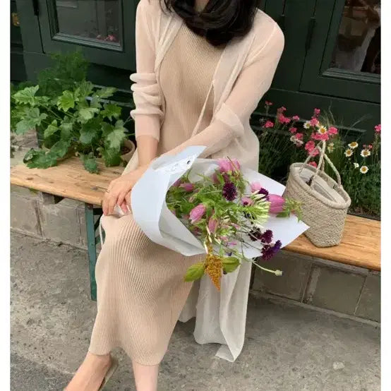 [BUNJANG] Nomiddle Pleated Long Dress &amp; Cardigan Set / 노미들 플리츠 롱 원피스 + 가디건 세트