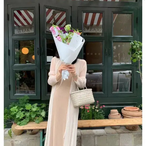 [BUNJANG] Nomiddle Pleated Long Dress &amp; Cardigan Set / 노미들 플리츠 롱 원피스 + 가디건 세트