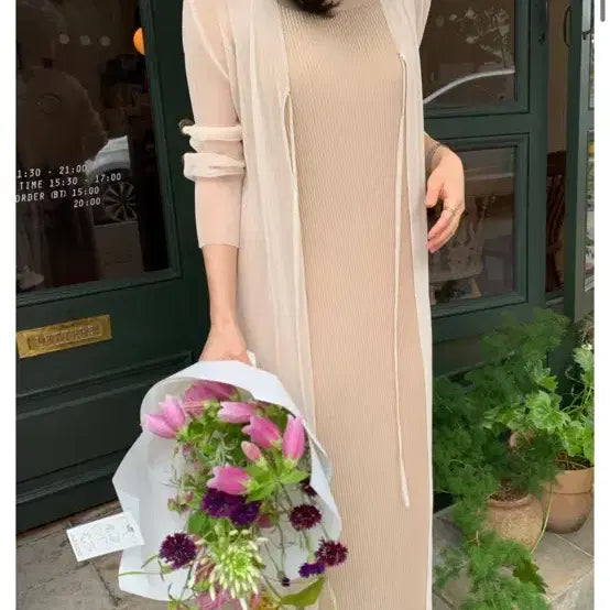 [BUNJANG] Nomiddle Pleated Long Dress &amp; Cardigan Set / 노미들 플리츠 롱 원피스 + 가디건 세트