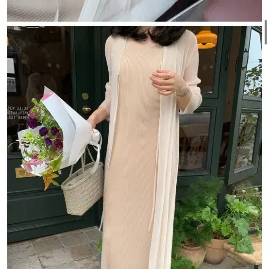 [BUNJANG] Nomiddle Pleated Long Dress &amp; Cardigan Set / 노미들 플리츠 롱 원피스 + 가디건 세트