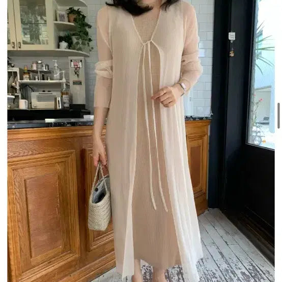 [BUNJANG] Nomiddle Pleated Long Dress &amp; Cardigan Set / 노미들 플리츠 롱 원피스 + 가디건 세트