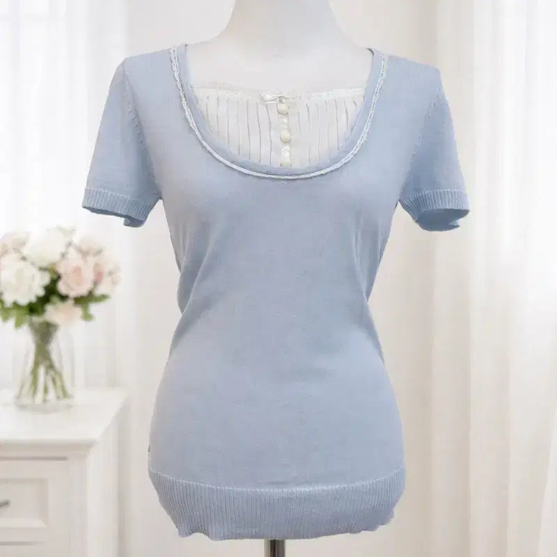 [BUNJANG] Vintage Baby Blue Ribbon Chiffon Rogyal Top / 빈티지 베이비블루 리본 쉬폰 로걀탑 페어리 잉그니 엑시즈팜 세실맥비 대장