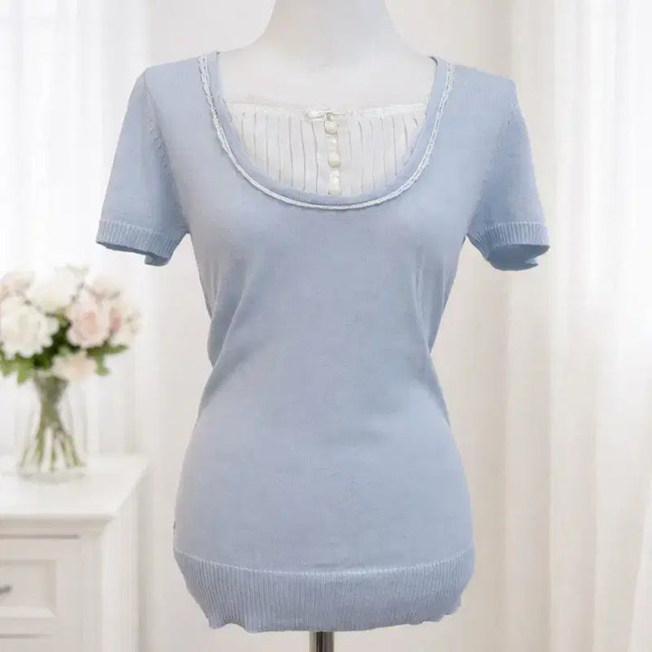 [BUNJANG] Vintage Baby Blue Ribbon Chiffon Rogyal Top / 빈티지 베이비블루 리본 쉬폰 로걀탑 페어리 잉그니 엑시즈팜 세실맥비 대장