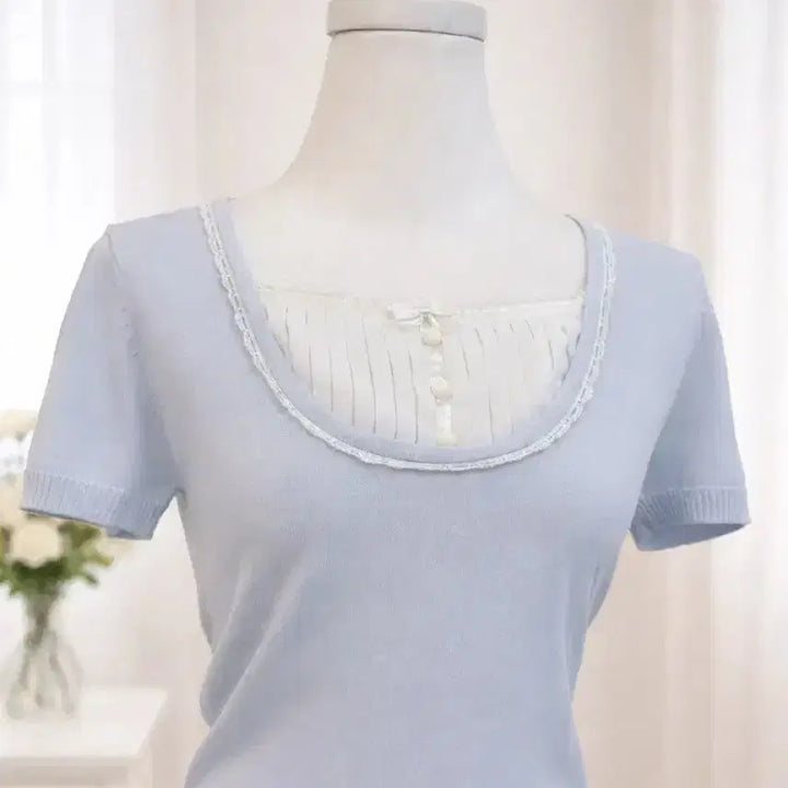[BUNJANG] Vintage Baby Blue Ribbon Chiffon Rogyal Top / 빈티지 베이비블루 리본 쉬폰 로걀탑 페어리 잉그니 엑시즈팜 세실맥비 대장
