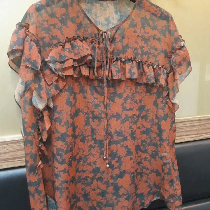 [BUNJANG] Pepe Flower Print Frill Blouse / 페페플라워 프린트 프릴 블라우스