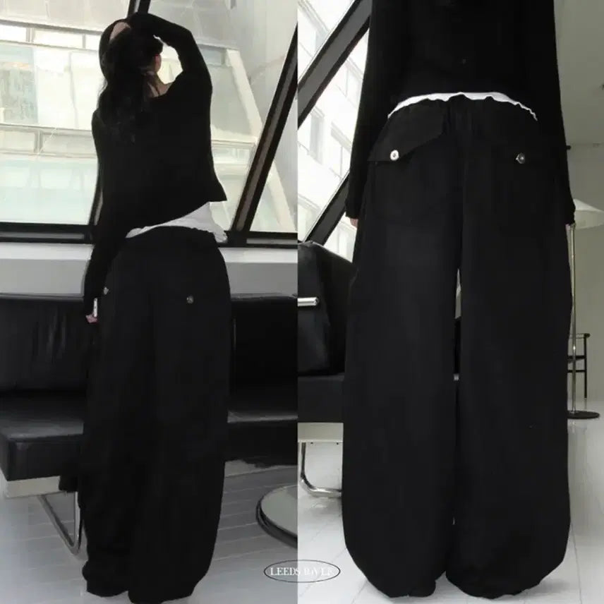 [BUNJANG] Leezriver Rope Pocket Pleated Wide Pants / 리즈리버 로프 힙 포켓 핀턱 밴딩 와이드 팬츠 벌룬핏 블랙 에이블리