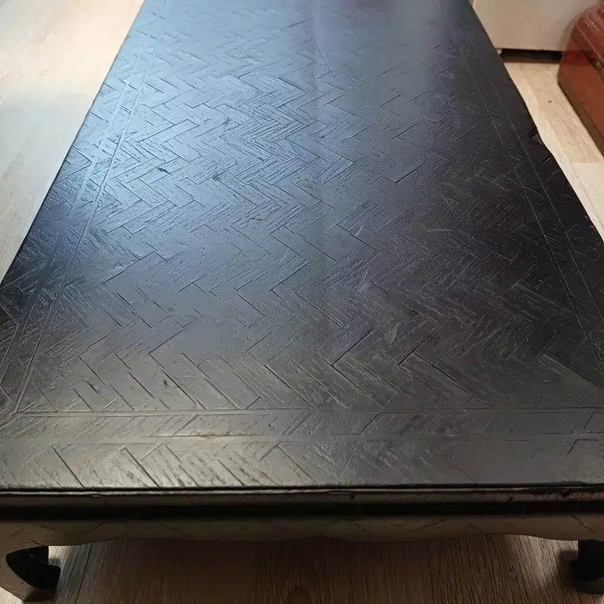 [BUNJANG] Vintage Black Wood Herringbone Pattern Low Table / 빈티지 블랙 우드 헤링본 패턴  테이블 좌탁, 좌대 다도