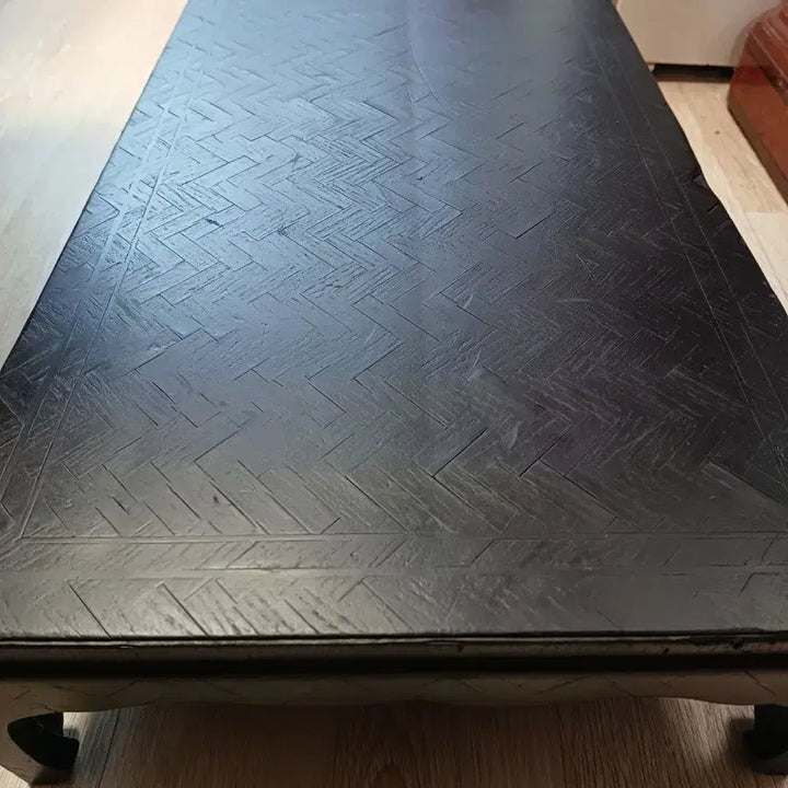 [BUNJANG] Vintage Black Wood Herringbone Pattern Low Table / 빈티지 블랙 우드 헤링본 패턴  테이블 좌탁, 좌대 다도