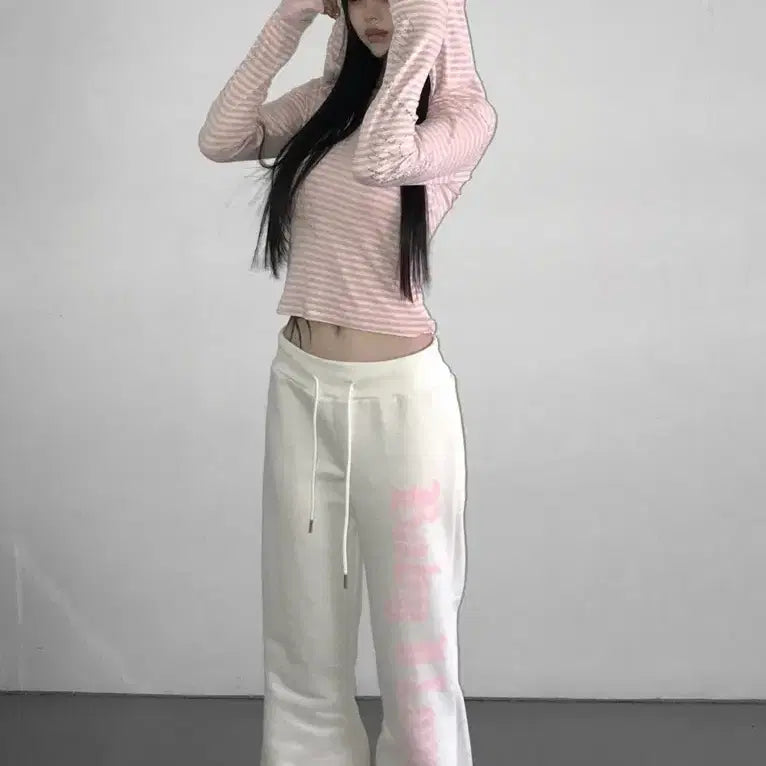[BUNJANG] Pink Cubic Tee &amp; White Bootcut Set - Women&