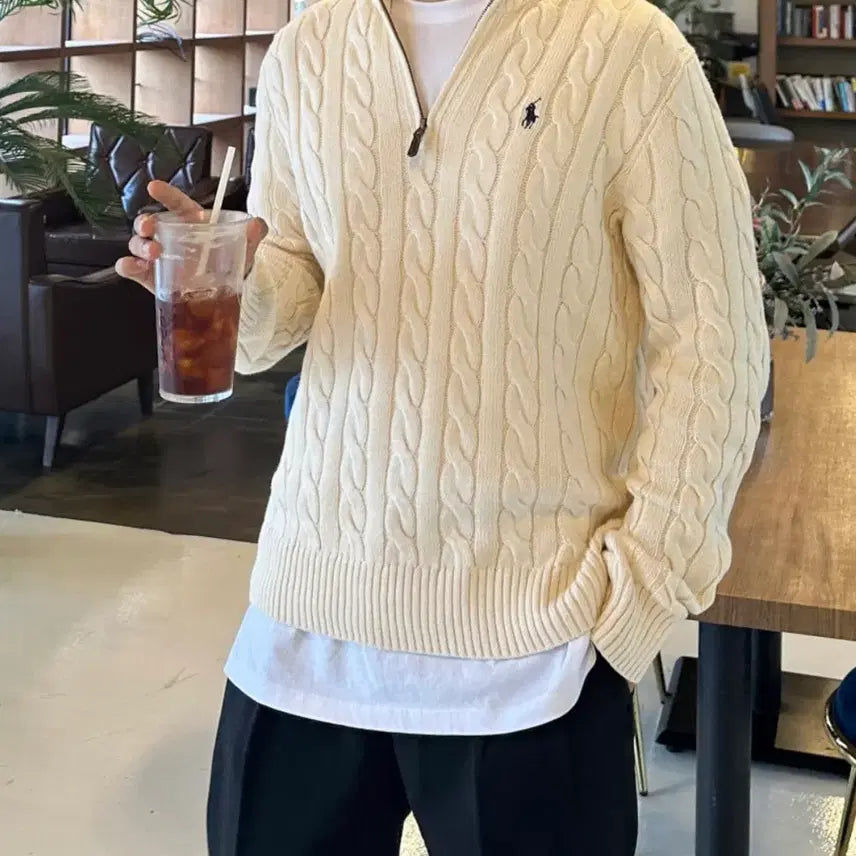 [SOLD OUT] 폴로 랄프로렘 남자 코튼 꽈배기 하프집업 니트 L