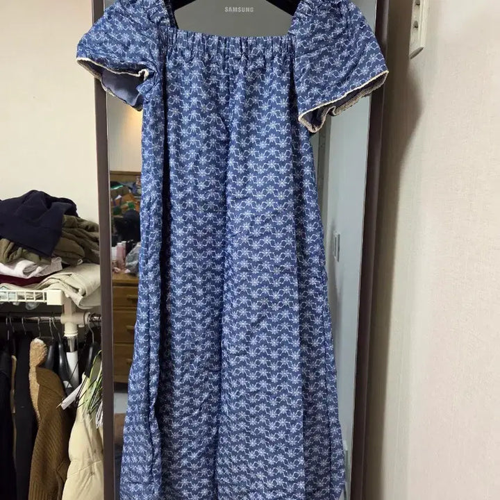 [BUNJANG] Blue Flower Pattern Long Dress / 블루 플라워 패턴 롱 원피스