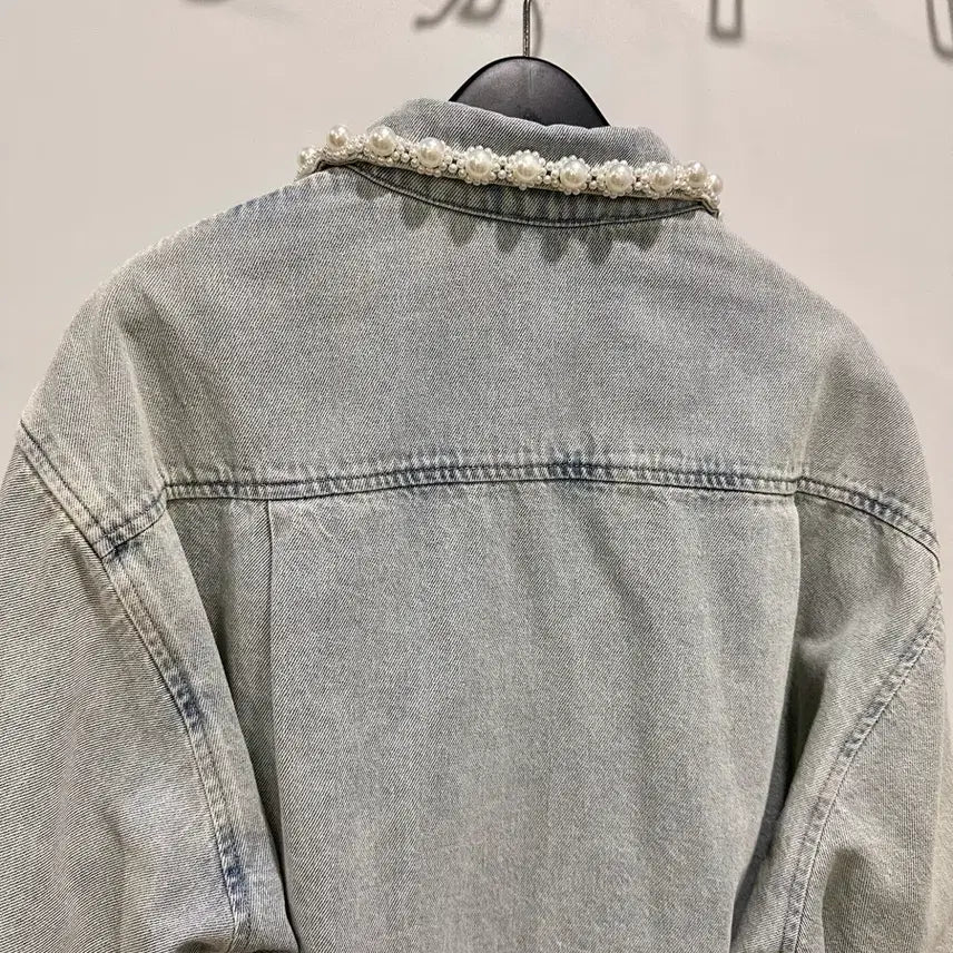 [BUNJANG] Sandro Pearl Denim Shirt Cardigan / Sandro 산드로 진주 데님 셔츠 가디건