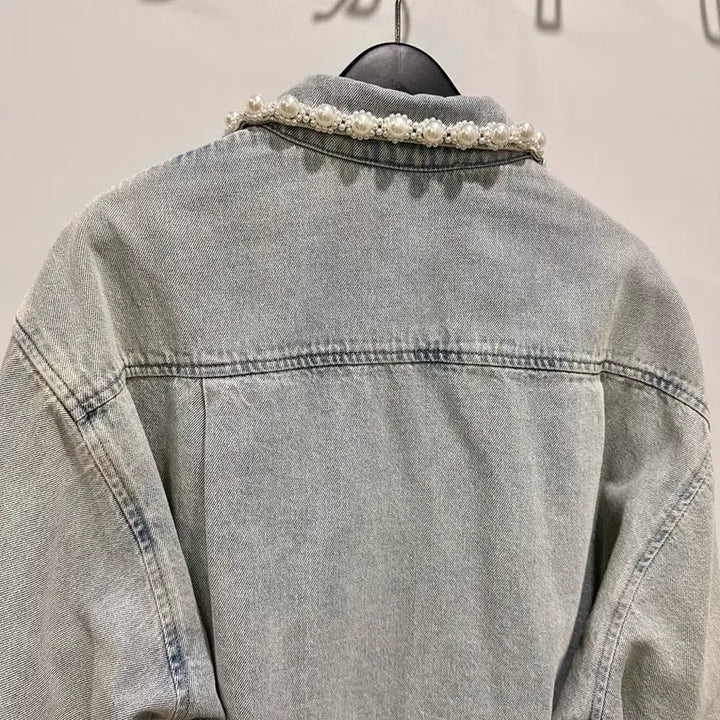[BUNJANG] Sandro Pearl Denim Shirt Cardigan / Sandro 산드로 진주 데님 셔츠 가디건