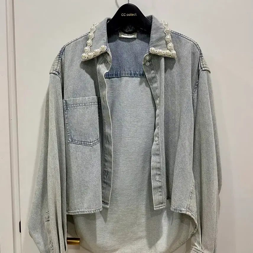 [BUNJANG] Sandro Pearl Denim Shirt Cardigan / Sandro 산드로 진주 데님 셔츠 가디건