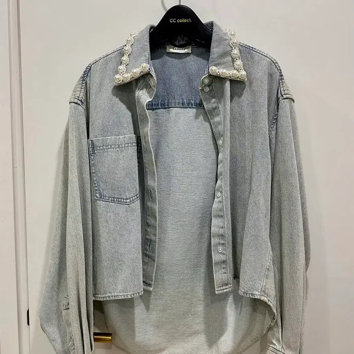 [BUNJANG] Sandro Pearl Denim Shirt Cardigan / Sandro 산드로 진주 데님 셔츠 가디건