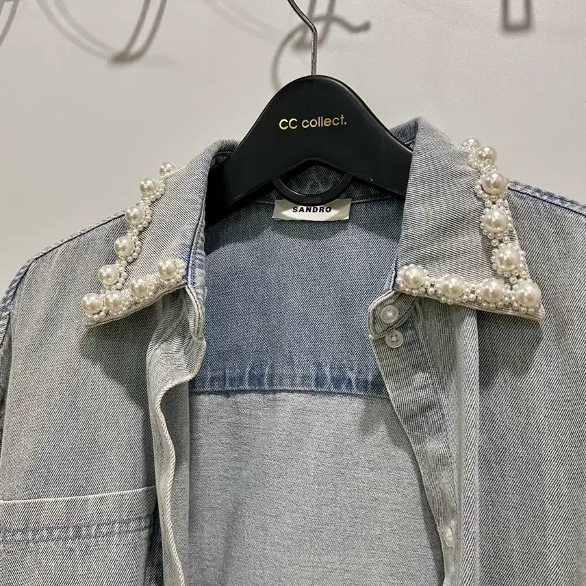 [BUNJANG] Sandro Pearl Denim Shirt Cardigan / Sandro 산드로 진주 데님 셔츠 가디건