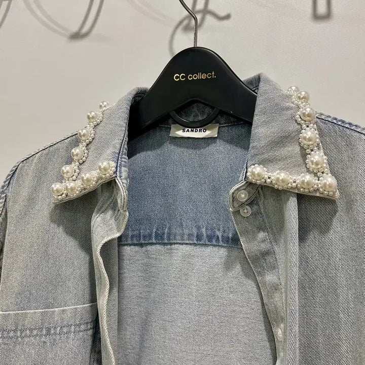 [BUNJANG] Sandro Pearl Denim Shirt Cardigan / Sandro 산드로 진주 데님 셔츠 가디건