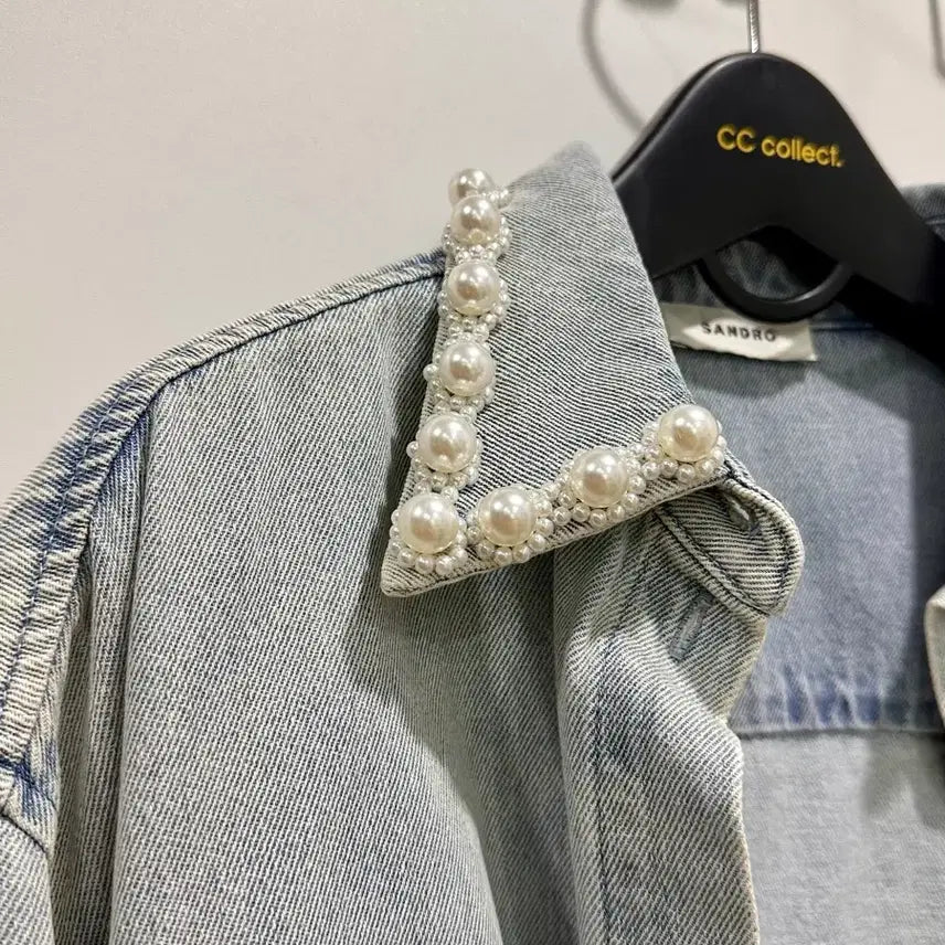 [BUNJANG] Sandro Pearl Denim Shirt Cardigan / Sandro 산드로 진주 데님 셔츠 가디건