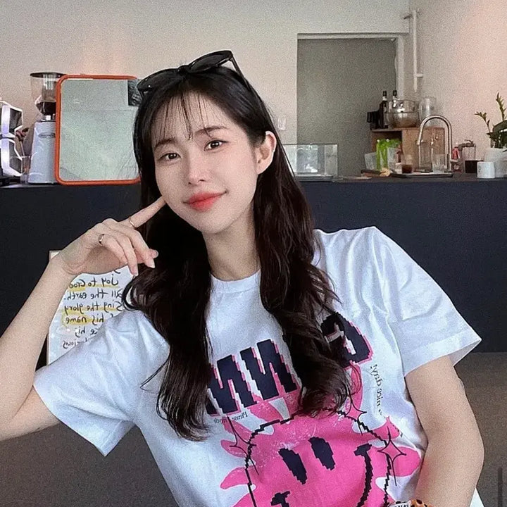 [BUNJANG] GANNI Love Club T-Shirt Bright White Pink / [M] 가니 러브 클럽 티셔츠 브라이트 화이트 핑크