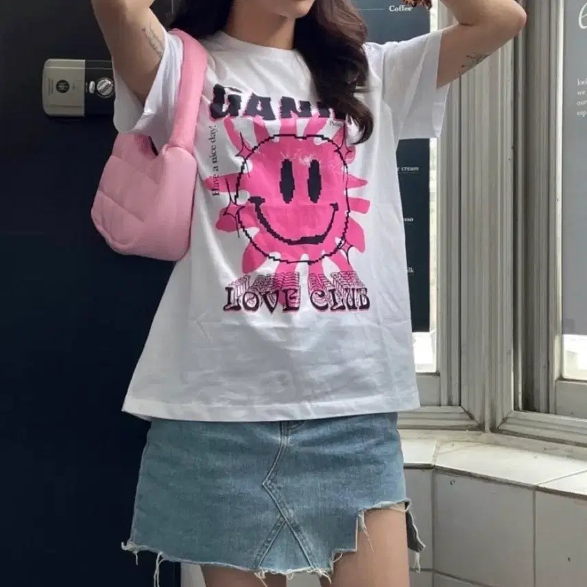 [BUNJANG] GANNI Love Club T-Shirt Bright White Pink / [M] 가니 러브 클럽 티셔츠 브라이트 화이트 핑크