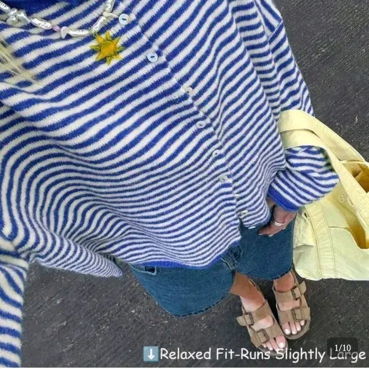 [BUNJANG] Loose Fit Striped Knit Cardigan - Blue / 새상품) 루즈핏 스트라이프 니트 가디건 블루