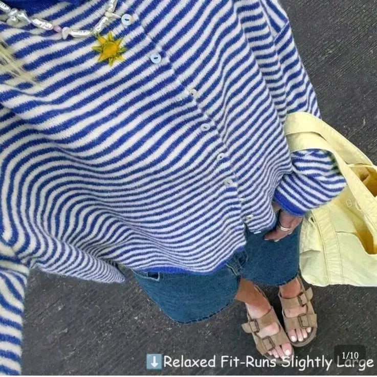 [BUNJANG] Loose Fit Striped Knit Cardigan - Blue / 새상품) 루즈핏 스트라이프 니트 가디건 블루