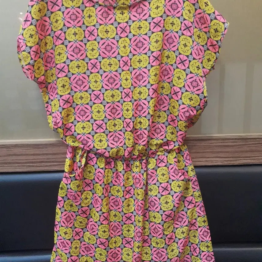 [BUNJANG] Pink Yellow Pattern Mini Dress / 패턴 핑크 옐로우 반팔 원피스