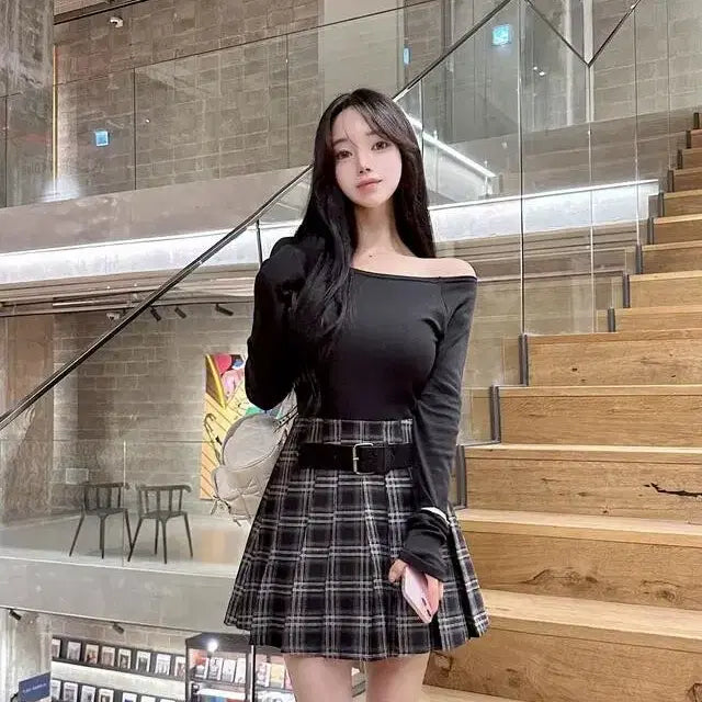 [BUNJANG] Meyun Check Belt Pleated Skirt Black Check Size S / 메이윤 체크 벨트 플리츠 스커트