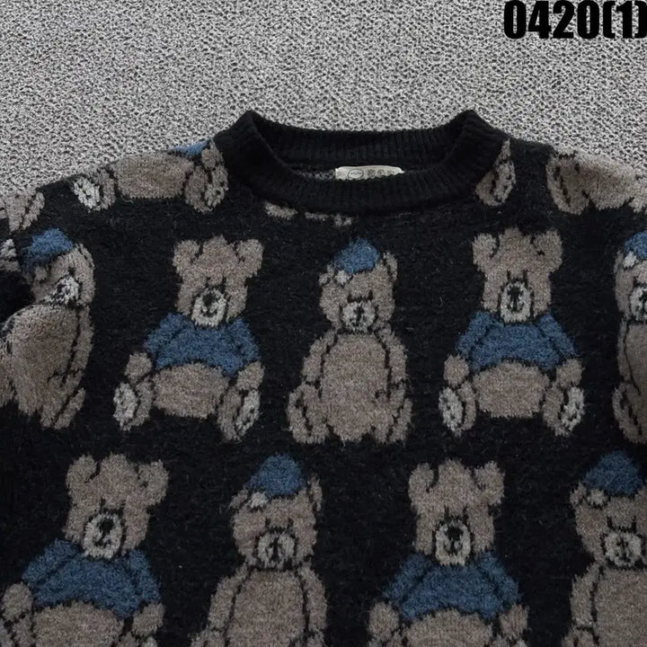 [BUNJANG] Black Knit Sweater with Bear Pattern - Size M / 곰돌이 패턴 블랙 니트 스웨터 M