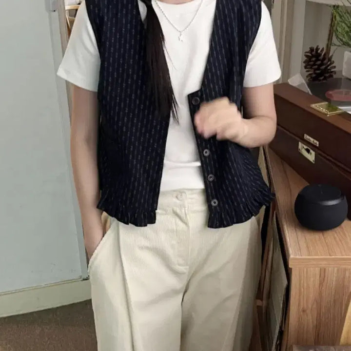 [BUNJANG] Kim Ah-hop Navy Frill Vest / 김아홉 네이비 프릴 베스트 조끼 새상품