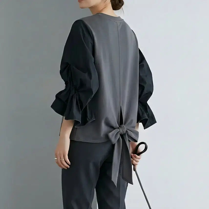 [BUNJANG] Ozsécon Ribbon Shirring Puff Sleeve T-shirt / [66]오즈세컨 백 리본 셔링 퍼프 슬리브 티셔츠