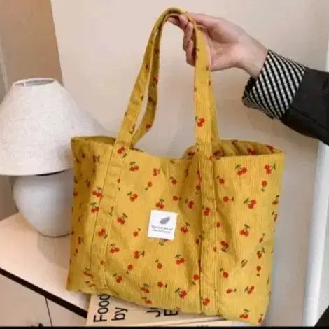 [BUNJANG] Cherry Corduroy Yellow Tote Bag / 체리 코듀로이 옐로우 토트백