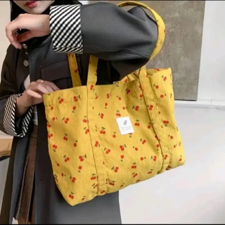 [BUNJANG] Cherry Corduroy Yellow Tote Bag / 체리 코듀로이 옐로우 토트백