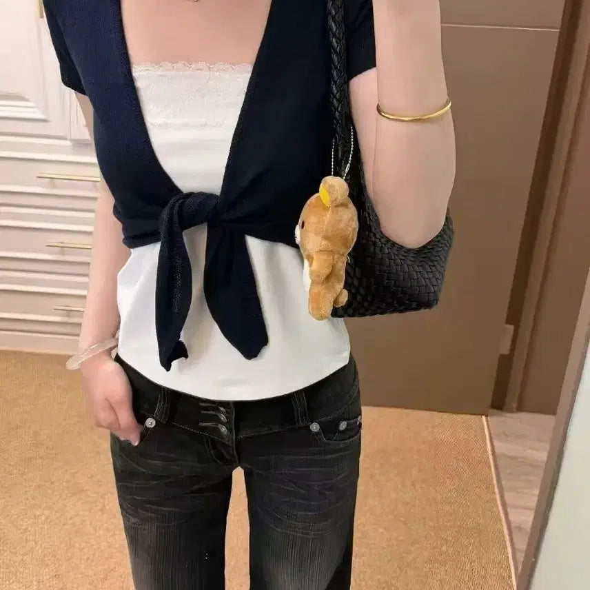 [BUNJANG] Black Short Cardigan + Washed Denim Pants Set / 블랙 숏 가디건 + 워싱 데님 팬츠